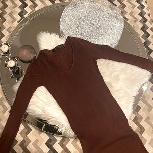MAK Sweater - Knitted Long Sleeve Bodycon Sweater Dress - Maroon/Burgundy - M